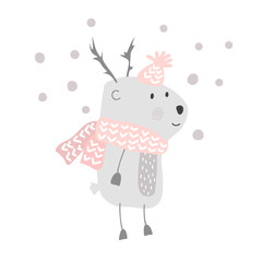 Christmas vector cute cartoon deer in hat and scarf illustration design. bambi animal vector. Merry Xmas greeting card