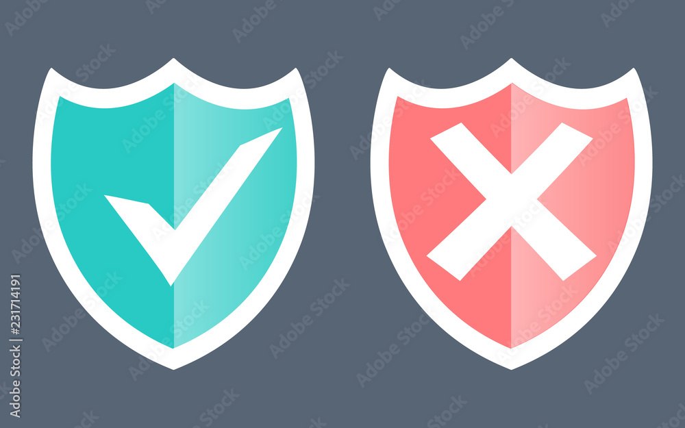 Poster Set green and red shield with checkmark and cross mark. Sign of protection, safety and unsafe, security and insecurity and reliability. Modern flat design elements.  Security, Protection, Safe Concept