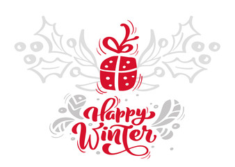 Christmas red Happy Winter Calligraphy Lettering vector text with xmas elements in scandinavian style. Creative typography for Holiday Greeting card Poster