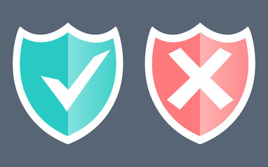 Set green and red shield with checkmark and cross mark. Sign of protection, safety and unsafe, security and insecurity and reliability. Modern flat design elements.  Security, Protection, Safe Concept