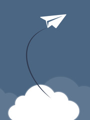 Paper plane and clouds.Paper plane on the sky with clouds - Vector. Illustration of paper plane flying in sky. Blue sky travel background. Cutout flat icons