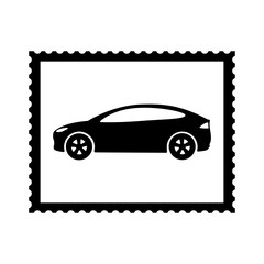 Postal stamp icon with car picture. Auto theme stamp with perforation holes. Vector Illustration