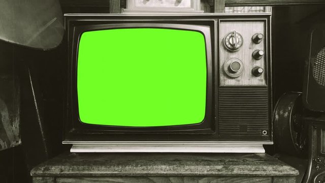 Old Television Black And White TV Green Screen. Old Television black and white retro style green screen with old film effect