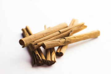 Cinnamon sticks close up isolated on white background. Copy space