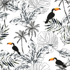 Toucans, graphic palm leaves, trees, white background. Vector floral seamless pattern. Tropical illustration. Exotic plants, birds. Summer beach design. Paradise nature