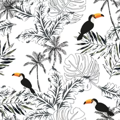 Foto op Plexiglas Afrikaanse dieren Toekans, grafische palmbladeren, bomen, witte achtergrond. Vector naadloze bloemmotief. Tropische illustratie. Exotische planten, vogels. Zomer strand ontwerp. Paradijs natuur