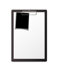 Clipboard with paper sheet and photo template. Vector questionnaire or form blank template.