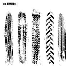 Tire track texture set isolated on white background. Vector design elements. © backup16
