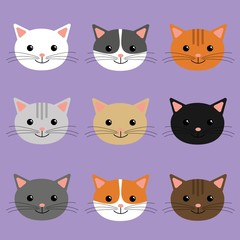 Cute cats heads vector illustration. Cartoon character.