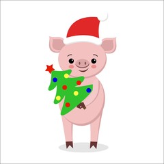 postcard with funny pig in Santa hat, scarf with ornament and christmas tree, happy New Year, cute cartoon character, Merry Christmas