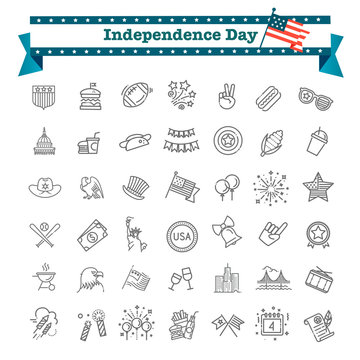 Set of 42 USA Independence Day line icons suitable for web, infographics and apps