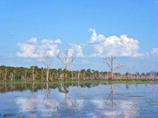 Background of Tonle sap lake, with blue sky and clouds in Cambodia