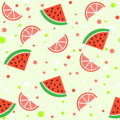 Vector seamless pattern with citrus and watermelon slices. Colorful tropical background. Can be used for restaurant, cafe menu, banners, wrapping paper, wallpaper, print on clothes, cover. Cute design