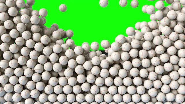 Baseball game balls falling down from above and filling the screen. Basketball balls background pattern texture on green screen.