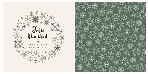Feliz Navidad y Prospero Ano Nuevo - Merry Christmas and Happy New Year.Spanish Christmas Vector Card and Pattern.Brown Snowflakes and Hand Written Letters.Beige Card.White Snowflakes.Green Background