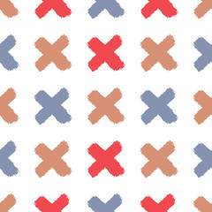 Obraz premium Repeated colored crosses drawn by hand with rough brush. Seamless pattern for children. Sketch, graffiti, watercolor.