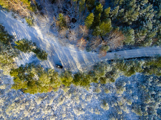 drone image. aerial view of rural area with fields and forests in winter