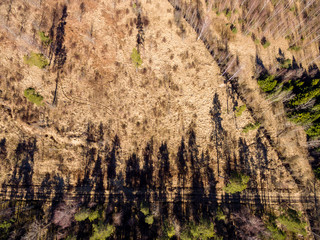 drone image. aerial view of rural area with fields and forests with river and water reflections