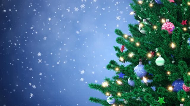 Decorated Christmas tree and falling snowflakes on blue background