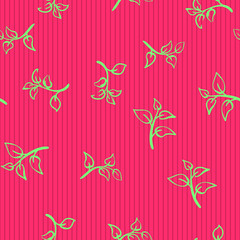 Seamless hand drawn vector foliage pattern, Vibrant pink striped background