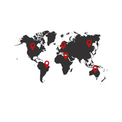 Vector illustration of world map with location pins.