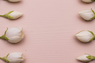 Jasmine flowers on pink wooden background. Border and frame. Top view