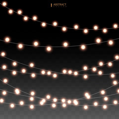 Set of golden xmas glowing garland. Christmas lights isolated on transparent background. Vector illustration EPS10