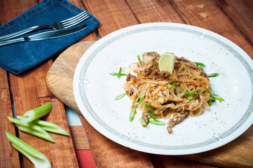 meat salad with beef and noodles, Thai cuisine