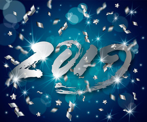 Naklejka premium New Year vector abstract 3d background with silver 3D numbers 2019,greeting card,web online concept.Lens flares,confetti,glowing stars,light flashes,highlight circles on deep blue backdrop