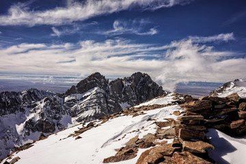 Winter view of the Colorado Rocky Mountains.  Taken from the snow covered summit of Humboldt Peak.
