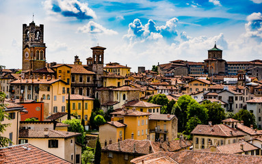 Old buildings of fortified Upper City - Città Alta in Bergamo, Italy