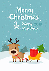 Deer Santa with sleigh, gift and Christmas tree