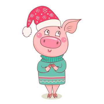 Cute dreamy pig dressed in a a sweater and hat with snowflakes.