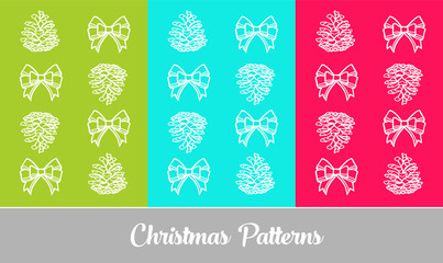 Hand drawn Christmas pattern with ribbon bow and pine cone. Vector hand drawn background with new years toys, outline. Holiday concept decoration set.