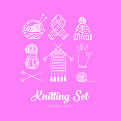 Hand drawn outline, knitting set. Clew, yarn, wool, knitting needles, thread, basket, knit work, hat, glove, scarf, mitten.