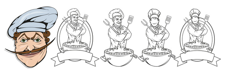 chef cook standing in a different pose, restaurant boss, cartoon chef in uniform, cook logo, chef hat, professional chef cook, head of kitchen, vector graphics to design