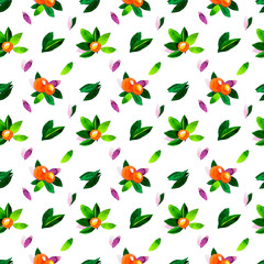 seamless pattern of watercolor oranges and petals on a white background.