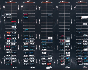 Aerial view parking place car lot near mall