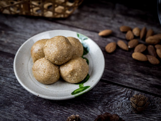 Healthy organic date energy balls with almond, dried fruits and nuts. Food for healthy lifestyle.