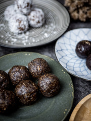 Healthy organic date energy balls with dried fruits and nuts. Food for healthy lifestyle.