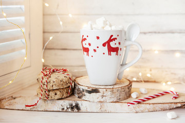 Homemade cookies and cup of cocoa with marshmallow in christmas decoration
