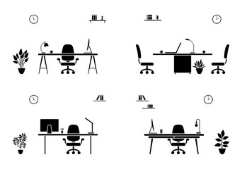 Office interior icon set. Black and white conference room silhouette