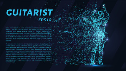 Guitarist blue points of light. Silhouette of a guitarist is falling apart.