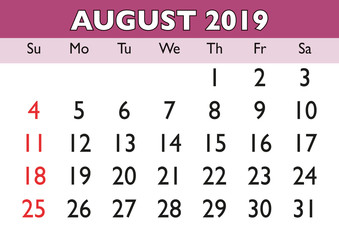 August month calendar 2019 english USA