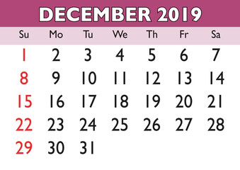 December month calendar 2019 english USA