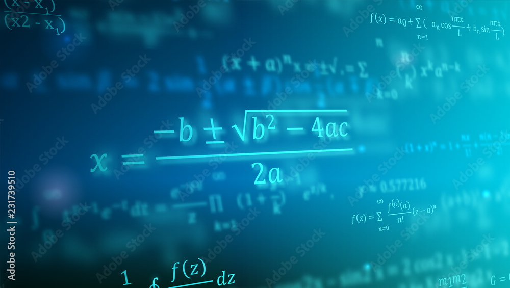 Wall mural mathematical formulas floating in perspective. abstract background with math equations. vector 3d il