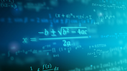 Mathematical formulas floating in perspective. Abstract background with Math equations. Vector 3D illustration. Symbol of study exact Sciences. Concept of calculation and search of various data.