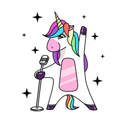 Vector illustration of fantasy animal horse unicorn singing in microphone . Flat style design © annbozhko