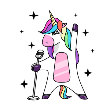 Fototapeta Vector illustration of fantasy animal horse unicorn singing in microphone . Flat style design