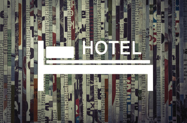 Icon of hotel cut from newspaper. Concept of journey, booking and hotel rent.